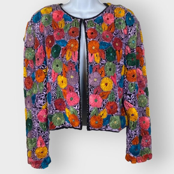 Vtg Precious Moments Floral Silk Jacket | M/L | Applique Beaded | Art to Wear - Picture 2 of 13